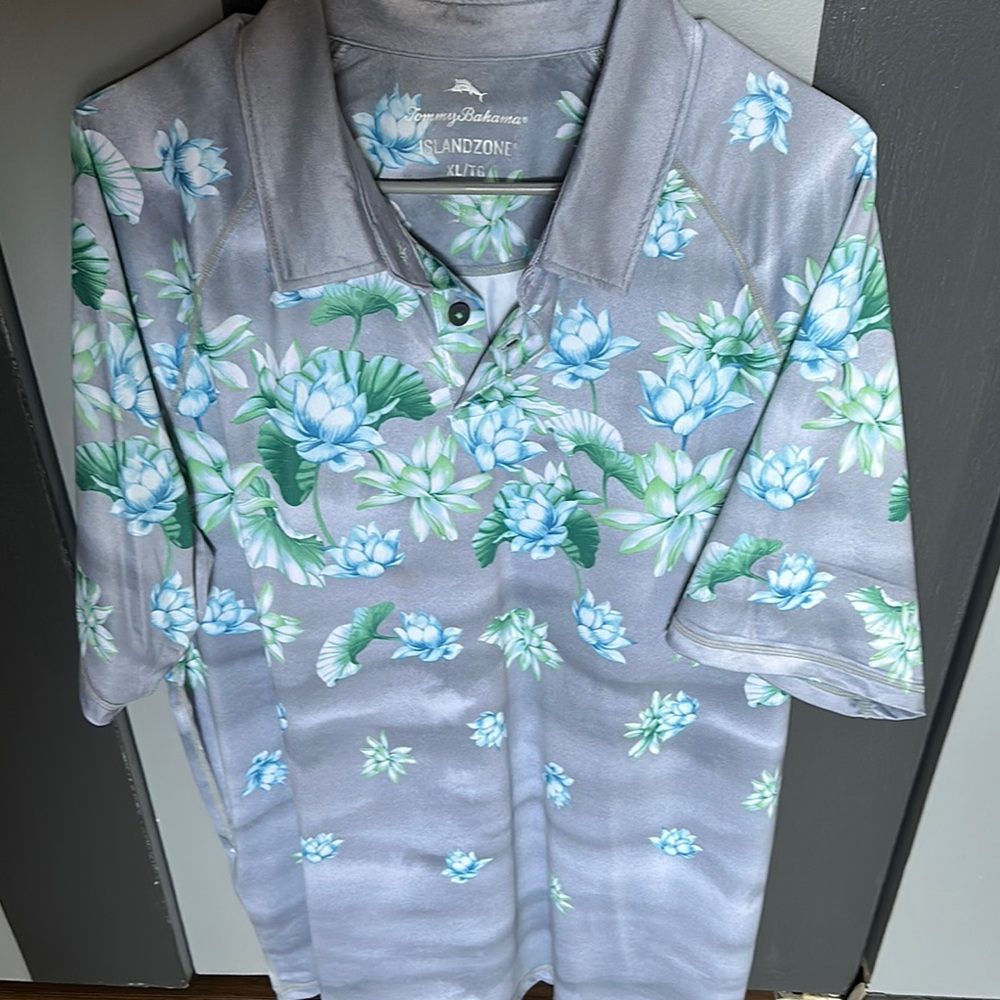 Tommy Bahama Gray and Blue Polo Shirt with Premium Comfort